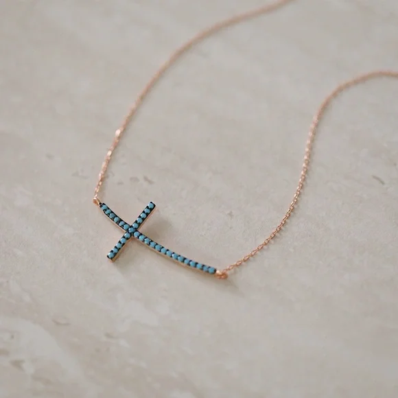 Turquoise Cross Necklace | 14k Rose Gold Plated - Picture 4 of 7